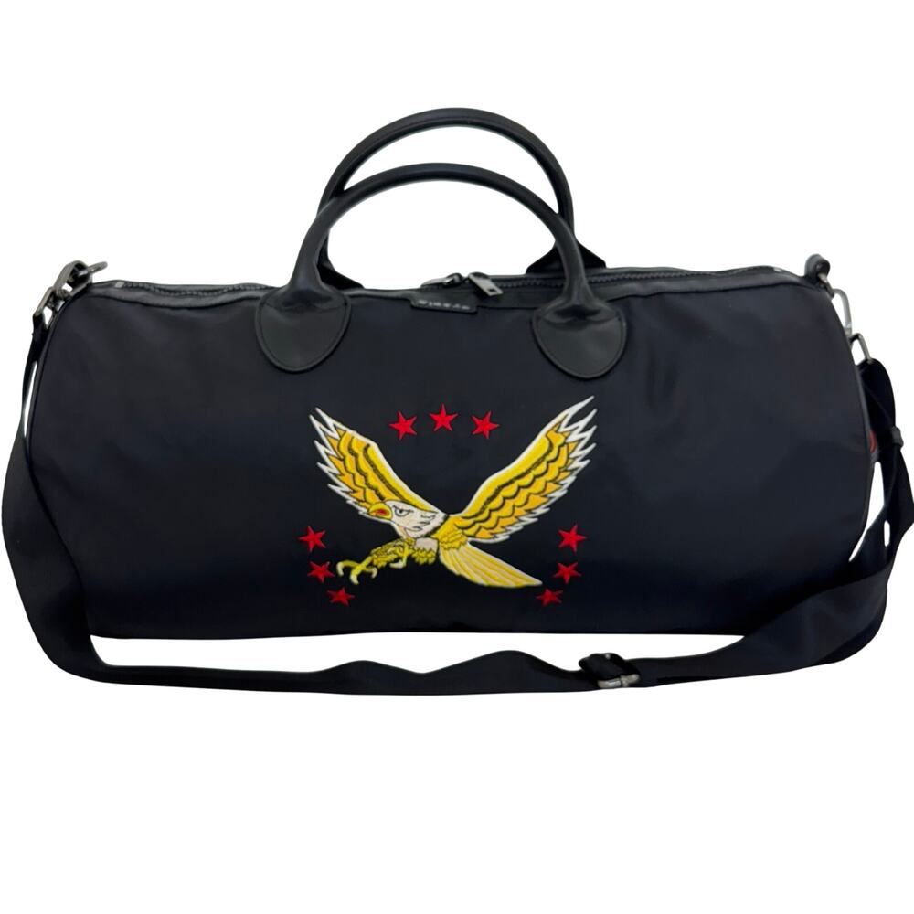 Diesel On The Road M-Flying Duffle Bag Nylon Embroidered Leather Trim Black Mens